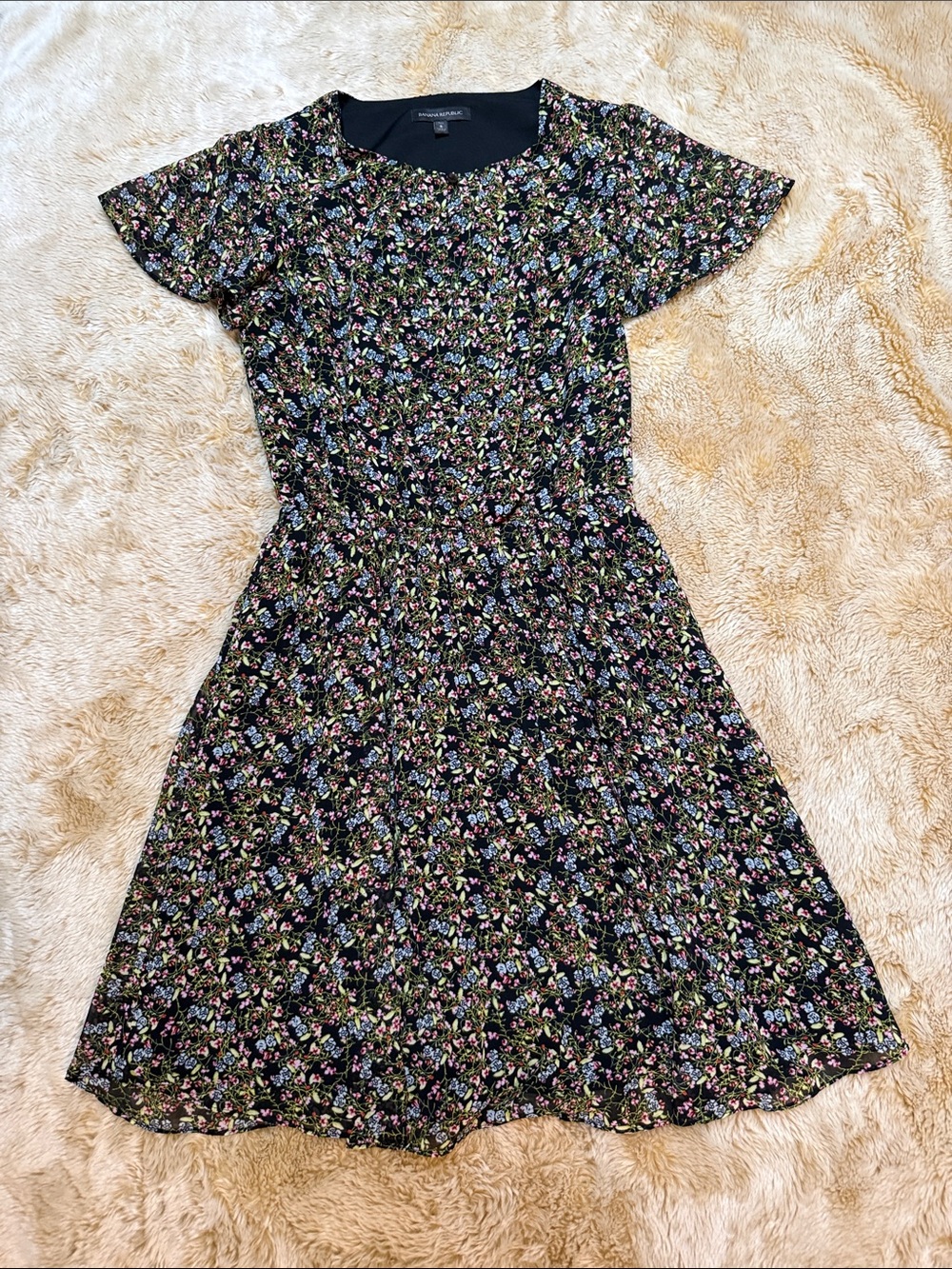 Black Floral Short-Sleeve Fit & Flare Dress by Banana Republic
